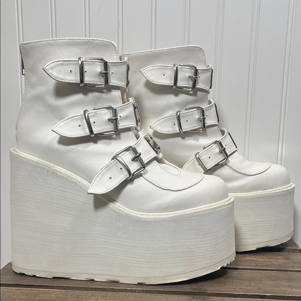 Demonia Swing-105 White Platform Buckle Boots Goth Rave Cosplay Alt Festival